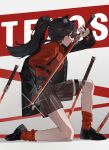  1girl absurdres animal_ear_fluff animal_ears arknights arm_up black_hair black_jacket black_shoes blush brown_shorts character_name closed_mouth collared_shirt dalgogi_(moonfish_1302) fingernails from_side full_body glint highres holding holding_sword holding_weapon jacket kneehighs long_hair long_sleeves looking_at_viewer loose_socks off_shoulder official_alternate_costume on_one_knee ponytail profile red_eyes red_shirt red_socks ribbed_socks shirt shoes shorts sideways_glance socks solo strap striped_clothes striped_shorts sword texas_(arknights) texas_(willpower)_(arknights) vertical-striped_clothes vertical-striped_shorts weapon wolf_ears wolf_girl 
