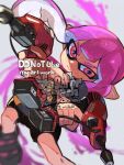  1girl black_shirt black_shorts blurry blurry_background closed_mouth commentary_request dated dual_wielding dualie_squelchers_(splatoon) gun hirotaka_(hrtk990203) holding holding_gun holding_weapon inkling inkling_girl inkling_player_character long_hair looking_at_viewer pink_eyes pink_hair pointy_ears shirt shorts smile solo splatoon_(series) splatoon_3 tentacle_hair too_many_watermarks watermark weapon 