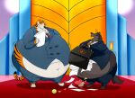 2025 akela_(jungle_book) anthro bag_of_chips ball belly big_belly bodily_fluids bottomwear briefcase canid canine canis chips_(food) claws clothed clothing disney duo elevator eye_contact felid food fur heart_symbol hectorthewolf hi_res holding_briefcase holding_object holding_paper looking_at_another male mammal markings morbidly_obese morbidly_obese_anthro morbidly_obese_male mouth_closed navel necktie obese obese_anthro obese_male overweight overweight_anthro overweight_male pantherine pants paper paws shere_khan standing striped_body striped_fur striped_markings striped_tail stripes suit suit_jacket sweat sweatdrop tail tail_markings talespin the_jungle_book tiger whiskers wolf