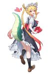  1girl :d absurdres back_bow black_dress black_socks blonde_hair blush bow box breasts colored_tips dead_10001 dragon_girl dragon_horns dragon_tail dress elbow_gloves frilled_dress frilled_sleeves frills from_behind full_body gift gift_box gloves gradient_hair hair_between_eyes heart heart-shaped_box highres holding holding_box holding_gift horns kneehighs kneepits kobayashi-san_chi_no_maidragon large_breasts large_tail loafers long_hair looking_at_viewer looking_back maid maid_headdress multicolored_hair neckerchief open_mouth orange_eyes orange_hair pinafore_dress puffy_short_sleeves puffy_sleeves red_bow red_eyes red_hair red_neckerchief scales shirt shoes short_sleeves sidelocks simple_background sleeveless sleeveless_dress slit_pupils smile socks solo standing standing_on_one_leg tail teeth tohru_(maidragon) transparent_background twintails two-tone_hair upper_teeth_only valentine very_long_hair white_background white_gloves white_shirt 