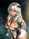  1girl absurdres bare_shoulders between_breasts black_choker black_gauntlets blue_eyes blush breasts brick_wall brown_dust_(series) brown_dust_2 choker cleavage collarbone commentary covered_navel cowboy_shot creature dark-skinned_female dark_skin demon_horns dress gauntlets hair_between_eyes highres holding holding_polearm holding_weapon horns indoors large_breasts long_hair looking_at_viewer multicolored_hair nebris_(brown_dust_2) nebris_(labyrinth_gatekeeper)_(brown_dust_2) open_mouth pencil_dress pointy_ears polearm sidelocks signature solo_focus standing strap_between_breasts streaked_hair sweat tongue tongue_out weapon white_dress white_hair yuridori_(brown_dust) zaga 