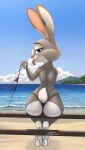 absurd_res anthro bikini bikini_bottom bikini_top blush bottomwear butt clothed clothing digital_media_(artwork) disney female fur hi_res judy_hopps lagomorph leporid link6432 looking_at_viewer mammal purple_eyes rabbit simple_background smile solo swimwear tail thick_thighs tongue topless two-piece_swimsuit underwear zootopia