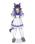  1girl animal_ears black_hat bow bowtie brown_shoes ears_through_headwear fenomeno_(umamusume) flipped_hair hands_on_own_hips hat highres horse_ears horse_girl horseshoe_hat_ornament horseshoe_ornament loafers long_hair looking_at_viewer peaked_cap pleated_skirt puffy_short_sleeves puffy_sleeves purple_bow purple_bowtie purple_eyes purple_hair purple_shirt sailor_collar sailor_shirt school_uniform shirt shoes short_sleeves simple_background skirt solo standing striped_hat thighhighs tracen_school_uniform umamusume usami_(pu_vo4) white_background white_skirt white_thighhighs 