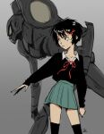  1girl absurdres animification black_hair black_sweater bow chillustrates english_commentary green_skirt hair_ornament highres marvel mecha neon_genesis_evangelion peni_parker red_bow robot short_hair signature simple_background skirt sp//dr spider-man_(series) spider-verse sweater x_hair_ornament zettai_ryouiki 