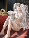  1girl absurdres arm_up barefoot breasts cleavage closed_mouth coat couch curly_hair eternity_(reverse:1999) full_body hands_up highres indoors knees_up large_breasts long_hair looking_at_viewer on_couch pink_negligee reverse:1999 sitting smile solo very_long_hair white_coat white_hair wu_fuzuoyong yellow_eyes 