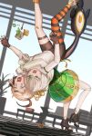  2girls absurdres advarcher ahoge bandaid bandaid_on_knee bandaid_on_leg bike_shorts black_gloves black_shorts black_thighhighs blonde_hair brown_hair cecilia_immergreen cecilia_immergreen_(1st_costume) doll_joints fingerless_gloves german_suplex gigi_murin gigi_murin_(1st_costume) gloves green_eyes green_skirt green_streaks high_heels highres hololive hololive_english joints multicolored_hair multiple_girls open_mouth orange_thighhighs pink_eyes shirt shorts skirt streaked_hair striped_clothes striped_thighhighs suplex tail thighhighs two-tone_hair virtual_youtuber white_hair white_shirt winding_key 