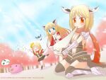  2009 animal_ears armor armored_boots artist_name assassin_cross_(ragnarok_online) black_gloves black_leotard black_thighhighs blonde_hair blue_eyes blue_sky blush boots breasts brown_boots brown_dress cape cat_ears cat_girl cherry_blossoms chinese_zodiac clear_sky cleavage closed_mouth coat coin commentary_request cow_ears creator_(ragnarok_online) day dress eating elbow_gloves fake_animal_ears fake_horns filir_(ragnarok_online) food full_body fur-trimmed_coat fur_trim gloves horns large_breasts leotard long_hair looking_at_another mochi navel open_mouth orange_eyes outdoors pauldrons poring ragnarok_online red_cape red_coat revealing_clothes rogue_(ragnarok_online) short_hair shoulder_armor sitting sky smile standing tachibana_sakuya_(matsurika) thighhighs vambraces web_address white_gloves year_of_the_ox 