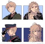  1boy 1girl adjusting_clothes adjusting_headwear antenna_hair aohitsugi_nemu aohitsugi_samatoki bags_under_eyes before_and_after black_gloves black_jacket black_sweater blue_background blush bra_strap breasts brother_and_sister cigarette cleavage collarbone collared_shirt commentary_request ear_piercing earrings fingernails from_side genderswap genderswap_(ftm) genderswap_(mtf) gloves green_jacket hair_behind_ear hair_between_eyes hair_slicked_back happy hat head_on_hand high_collar highres holding holding_cigarette hoop_earrings hypnosis_mic inset_border jacket jewelry leaning_forward leather leather_jacket light_frown light_smile long_hair long_sleeves looking_ahead looking_at_viewer looking_back loose_hair_strand multiple_piercings multiple_views necklace open_mouth outside_border pale_skin peaked_cap piercing pink_eyes pink_trim profile raised_eyebrows red_eyes ribbed_sweater serious shirt short_hair siblings sidelighting simple_background smile sweater twitter_username urata_(kogasitata) v-shaped_eyebrows white_background white_hair white_shirt 