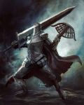  1other ambiguous_gender armor artist_request bad_link black_armor black_cape blackgaol_knight breastplate cape commentary_request crossbow elden_ring elden_ring:_shadow_of_the_erdtree full_armor gauntlets gradient_background greatsword grey_background helm helmet highres holding holding_crossbow holding_sword holding_weapon long_sleeves over_shoulder repeating_crossbow signature sword sword_over_shoulder weapon weapon_over_shoulder 