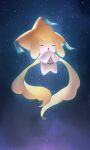  :o closed_eyes commentary_request full_body hands_up highres jirachi naoki_eguchi no_humans outdoors pokemon pokemon_(creature) solo space star_(sky) 