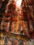 1girl :o absurdres arm_at_side autumn autumn_leaves black_pants blue_scarf boots branch briefcase brown_boots bug butterfly coat day elf falling_leaves floating_hair forest frieren hand_up highres holding holding_briefcase leaf log long_hair long_sleeves mantian_xingchen_39 maple_leaf nature orange_theme outdoors pants parted_lips pointy_ears scarf scenery sky solo sousou_no_frieren steam tree turning_head twintails walking white_coat white_hair white_sky wide_shot wide_sleeves yellow_eyes 