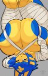 2025 accessory aliasing animal_crossing ankha_(animal_crossing) areola arm_wrapping armwear artist_logo bandage bandaged_arm bandaged_chest bandaged_legs bangs bent_leg big_breasts binary_drawing black_eyes blue_areola blue_ears blue_hair blue_jewelry blue_legs blue_nipples bob_cut breast_squish breasts circle_eyebrows clothing clothing_pull colored curvy_figure digital_drawing_(artwork) digital_media_(artwork) domestic_cat eyebrows eyelashes eyeliner felid feline felis female front_view glistening glistening_areola glistening_arms glistening_armwear glistening_body glistening_breasts glistening_clothing glistening_ears glistening_eyes glistening_face glistening_hair glistening_jewelry glistening_legs glistening_thighs gold_(metal) gold_jewelry hair hair_accessory hand_behind_head hanging_upside_down hi_res hourglass_figure huge_breasts idlepotoo jewelry logo looking_at_viewer makeup mammal mostly_nude mummy_wrappings narrowed_eyes neutral_expression nintendo nipples one_eye_closed outline pointy_ears portrait prick_ears pupils shaded short_hair signature simple_background small_waist soft_shading squish straight_bangs thick_thighs three-quarter_portrait three-quarter_view tight_clothing upside_down uraeus voluptuous white_bandages white_outline white_pupils wide_hips wink yellow_body yellow_inner_ear