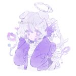  1girl animal_ears blush cropped_torso dog_ears grey_hair halo hood jacket long_hair long_sleeves looking_at_viewer memuro open_clothes open_jacket original purple_eyes purple_jacket scissors sleeves_past_wrists solo twintails twitter_username upper_body watermark white_background 