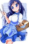  1girl alternate_breast_size alternate_costume apron basket blue_apron blue_bow blue_bowtie blue_eyes blue_hair blue_skirt bow bowtie bread breasts checkered_apron dokidoki!_precure employee_uniform eyebrows_visible_through_hair food forehead gingham gingham_apron high-waist_skirt highres hishikawa_rikka holding holding_basket kobeya kobeya_uniform large_breasts long_hair plaid plaid_apron plaid_background pleated_shirt precure ryuuta_(cure_ryuuta) shirt skirt solo tongs uniform waitress white_background white_shirt 