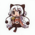  1girl absurdres animal_ear_hood animal_ears brown_skirt capelet cheese chibi eating fake_animal_ears fingerless_gloves food fur-trimmed_capelet fur_trim gloves hair_between_eyes hat highres holding hood long_hair magical_girl mahou_shoujo_madoka_magica midriff momoe_nagisa momoe_nagisa_(magical_girl) multicolored_eyes non-web_source official_art open_mouth pantyhose polka_dot scan skirt soul_gem suspenders twintails white_background white_hair yellow_eyes 