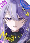  1girl belt_collar black_collar black_shirt braid braided_bangs character_name collar commentary covered_collarbone crescent crescent_hair_ornament ear_piercing earrings english_commentary eyeliner hair_between_eyes hair_ornament hairclip hololive hololive_indonesia icy_artzy jewelry light_blush long_hair looking_at_viewer lower_teeth_only makeup moona_hoshinova moona_hoshinova_(punk_rock) multicolored_eyes official_alternate_costume official_alternate_hairstyle open_mouth piercing portrait purple_eyes purple_hair red_eyeliner shirt simple_background single_earring smile solo star_(symbol) star_earrings star_hair_ornament starry_hair straight-on swept_bangs teeth two-tone_eyes virtual_youtuber white_background x_hair_ornament yellow_eyes 