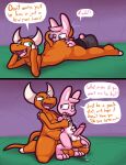 2025 2_horns 4_fingers anal anthro anthro_on_anthro arm_around_partner balljob balls big_balls big_butt big_penis black_clothing black_shirt black_topwear blue_eyes blue_pupils blush bodily_fluids bottomwear buckteeth butt butt_grab chest_grab claws clothing comic cross-popping_vein demon dialogue dirty_talk dominant dominant_anthro dominant_male duo english_text erection eyebrows finger_claws fingers fur genital_fluids genitals glans green_eyes green_pupils grey_bottomwear grey_clothing grey_pants hair hand_on_butt hi_res horn humanoid_genitalia humanoid_penis imminent_sex interspecies kneeling lagomorph leporid lying male male/male mammal multiple_images nipples on_front oral orange_balls orange_body orange_penis orange_scales overweight overweight_anthro overweight_male pants penis pink_body pink_fur pink_glans pink_hair pink_nipples precum pupils questionable_consent rabbit raised_eyebrow rimming scales sex shirt slit_pupils speech_bubble submissive submissive_anthro submissive_male tail_around_partner teeth text to-be-named-later topwear ultilix wes_(ultilix) white_body white_claws white_fur white_inner_ear
