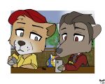 5:4 ant anteater anthro antonio_(vixen_logic) arthropod beaver black_clothing black_topwear black_vest brown_body brown_eyes brown_fur castor_(vixen_logic) chips_(food) clothed clothing colored crumbs day digital_media_(artwork) duo eating electronics flat_colors food foxboy83 fur giant_anteater grey_body grey_eyes grey_fur grey_hair hair hat headgear headwear hi_res holding_object holding_phone hymenopteran insect long_tongue male mammal outside phone pilosan red_clothing red_hat red_headwear red_topwear rodent sandwich_(food) shirt short_hair tongue tootaloo topwear vest vixen_logic xenarthran yellow_clothing yellow_shirt yellow_topwear
