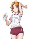  1girl antenna_hair arm_up bang_dream! bottle buruma cowboy_shot gym_uniform highres kitazawa_hagumi looking_at_viewer orange_eyes orange_hair ptal shirt short_hair solo sweat t-shirt water_bottle white_background 