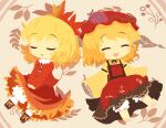  2girls :&gt; ^_^ aki_minoriko aki_shizuha akihiyo barefoot black_ribbon blonde_hair bloomers blush_stickers boots bow brown_boots chibi chibi_only closed_eyes closed_mouth commentary_request dress grape_hat_ornament hat highres long_sleeves medium_hair mob_cap multiple_girls neck_ribbon open_mouth orange_bow pinafore_dress red_dress red_hat red_shirt red_skirt ribbon shirt siblings sisters skirt sleeveless sleeveless_dress smile socks touhou u_u white_bloomers white_socks wide_sleeves yellow_shirt 