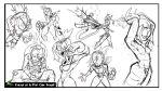  6+girls absurdres angel_(the_gaslight_district) assault_rifle bandaged_arm bandaged_chest bandaged_leg bandaged_torso bandaged_waist bandages bird black_border border breasts chair closed_eyes concept_art covered_armpit covered_groin covered_knees covered_navel curtained_hair english_commentary english_text eyelashes fewer_digits finger_in_own_mouth firing foreshortening fulltimeseagull glitch_productions gloves groin gums gun gun_sling half_updo halo head_tilt high_ponytail highres holster leaning_forward leg_up legs_together lower_eyelashes_only lowered_eyelids magazine_(weapon) medium_breasts melancholy_hill monochrome mouth_pull multiple_girls narrow_waist nose official_art on_chair ponytail raised_eyebrow rifle scope second-party_source shell_casing sitting sketch skinny teeth the_gaslight_district thighs tongue turtleneck tying_hair weapon 