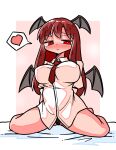  1girl :> armband arms_behind_back bat_wings black_panties black_wings blush border breasts commentary_request dot_nose full-face_blush hair_between_eyes half-closed_eyes head_wings heart heart-shaped_pupils highres juliet_sleeves kasuya_baian koakuma large_breasts long_hair long_sleeves low_wings necktie no_pants on_bed panties panty_peek pink_background puffy_sleeves red_armband red_eyes red_hair red_necktie sidelocks simple_background sitting smile solo speech_bubble spoken_heart symbol-shaped_pupils touhou underwear wariza white_border wings 