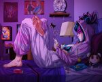  1girl absurdres bag_of_chips barefoot bed bedroom black_bra black_hair blue_streaks bra breasts cammy_white can candy capcom cellphone chair character_doll character_print chopsticks chun-li cleavage company_connection computer_mouse crossed_legs cup darkstalkers doll drink_can feet food food_in_mouth foot_up han_juri highres holding holding_phone hood hooded_pajamas indoors knee_up lamp lampshade leg_up levidu99 lips lollipop lollipop_in_mouth looking_at_phone lying monitor morrigan_aensland multicolored_hair nose office_chair official_alternate_costume official_alternate_hairstyle on_back on_bed pajamas phone pillow pink_pajamas pink_streaks pocket pom_pom_(clothes) poster_(object) screen_light shelf smartphone soles solo sticker streaked_hair street_fighter street_fighter_6 swivel_chair toes trophy underwear unzipped white_pajamas zipper 