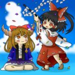  2girls alternate_costume black_hair blue_jacket blue_sky bow brown_horns chest_sarashi chibi chibi_only cloud crossed_legs detached_sleeves gohei hair_bow hair_up hakurei_reimu holding holding_gohei horn_ornament horn_ribbon horns ibuki_suika jacket japanese_clothes looking_at_another lowres mo-musu multiple_girls oni orange_eyes red_bow ribbon sarashi skirt skirt_set sky smile touhou wide_sleeves 