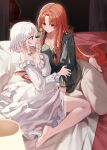  2girls absurdres alternate_costume arm_between_legs artistic_error barefoot bed blue_eyes bow braid breasts cleavage collarbone commentary dress full_body green_bow green_shirt hair_bow highres holding_another&#039;s_hair hong_meiling izayoi_sakuya lace-trimmed_dress lace_trim long_hair long_sleeves looking_at_another medium_breasts medium_hair multiple_girls on_bed pants parted_bangs red_hair sarukana shirt side_braids sitting touhou very_long_hair wariza white_dress white_hair white_pants wrong_foot yokozuwari yuri 