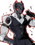  1boy android avengers_(series) dotori_012 formal_clothes glowing glowing_eyes humanoid_robot male_focus marvel marvel_rivals mecha red_eyes robot simple_background solo suit ultron 