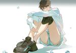  1boy aoba_johsai_volleyball_uniform black_shoes blue_shorts brown_eyes brown_hair bubble commentary fandangyu haikyuu!! hair_between_eyes hashtag-only_commentary highres jacket knees_up long_sleeves looking_at_viewer male_focus oikawa_tooru_(haikyuu!!) shoelaces shoes short_hair shorts sitting solo sportswear volleyball_uniform white_jacket 