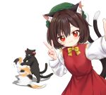  1girl :3 absurdres anger_vein animal_ear_fluff animal_ear_piercing animal_ears black_cat blush bow bowtie brown_hair calico cat cat_ears cat_tail chen commentary_request earrings foreshortening frills goutokuji_mike goutokuji_mike_(cat) hair_between_eyes hat highres jewelry kaenbyou_rin kaenbyou_rin_(cat) long_sleeves looking_at_viewer mob_cap multiple_tails nail_polish nekomata no_nose qi_lang3568 red_bow red_eyes red_nails red_skirt red_vest selfie short_hair simple_background single_earring skirt skirt_set solo tail touhou two_tails v vest white_background yellow_bow yellow_bowtie 