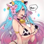  animal_ears animal_print bell bikini cow_ears cow_horns cow_print cow_tail cowbell cup drinking_straw hair_ornament highres horns meowyin multicolored_hair silvervale speech_bubble swimsuit tail virtual_youtuber vshojo wolf_ears wolf_girl 