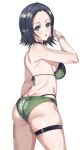  1girl absurdres ass back bare_arms bare_shoulders bikini black_eyes black_hair blue_eyeshadow blush bracelet breasts colored_eyelashes commentary_request comoli_harcourt cowboy_shot eno_yukimi eyeshadow from_behind green_bikini gundam gundam_gquuuuuux highres jewelry large_breasts looking_at_viewer looking_back makeup open_mouth revision short_hair simple_background solo standing string_bikini sweat swimsuit thigh_strap thighs wet white_background 