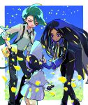  3girls absurdres black_gloves black_hair black_necktie black_pants blue_gloves blue_sky blush closed_eyes cloud collared_shirt dark-skinned_female dark_skin dress flower geeta_(pokemon) gloves grass green_hair hair_flower hair_ornament hat highres holding jacket long_hair long_sleeves mochi_(buchumi10) multiple_girls necktie open_mouth pants petals pokemon pokemon_sv poppy_(pokemon) rika_(pokemon) shirt sky suspenders very_long_hair yellow_flower 