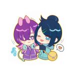  2girls ;d alynn610 antenna_hair arm_hug black_hair black_shirt blue_eyes blue_hair blue_hoodie chibi chibi_only colored_inner_hair dot_(pokemon) flying_sweatdrops freckles hair_ornament hair_over_one_eye hairclip headphones headphones_around_neck heart highres hood hood_down hoodie jacket liko_(pokemon) multicolored_hair multiple_girls one_eye_closed open_mouth pink_hair pokemon pokemon_(anime) pokemon_horizons purple_hair purple_jacket shirt sleeveless sleeveless_hoodie sleeves_past_fingers sleeves_past_wrists smile spoken_heart three-quarter_sleeves twitter_username two-tone_hair white_background 