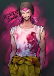  1boy bangs bare_arms bare_shoulders black_headwear blood blood_on_clothes braid character_name cowboy_shot danganronpa_(series) danganronpa_2:_goodbye_despair gradient gradient_background grin highres jumpsuit jumpsuit_pull looking_at_viewer male_focus medium_hair monokuma pink_background pink_blood pink_eyes pink_hair ri_(riaruringo) shirt side_braid smile solo souda_kazuichi teeth white_shirt yellow_jumpsuit 