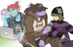  1other 2girls alternate_costume alternate_hairstyle baseball_cap blue_skin brown_hair brown_hat brown_hoodie brown_pants colored_sclera colored_skin commentary_request computer cup deltarune disposable_cup drawstring drinking drinking_straw fins freckles furry furry_female gills glasses hat head_fins highres holding holding_cup hood hoodie korean_commentary kris_(deltarune) laptop multiple_girls pants ponytail purple_skin red_hair shirt short_hair simple_background sitting susie_(deltarune) sweat tail ttudolee undyne w.d._gaster webbed_hands white_background yellow_sclera 