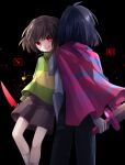  2others :d antenna_hair armor armored_gloves arms_at_sides black_background black_hair black_pants blue_cape bright_pupils brown_shorts cape chara_(undertale) colored_skin commentary_request crossover deltarune feet_out_of_frame from_behind from_below gloves gold_necklace green_sweater grey_gloves grey_skin grin heart heart_necklace highres holding holding_knife holding_sword holding_weapon jewelry kneehighs knees_apart_feet_together knife kris_(dark_world)_(deltarune) kris_(deltarune) leftporygon looking_at_viewer multiple_others necklace other_focus pants pink_cape red_eyes short_hair shorts shoulder_armor simple_background smile socks standing striped_cape striped_clothes striped_sweater sweater sword turtleneck turtleneck_sweater two-tone_cape two-tone_sweater undertale weapon white_socks yellow_sweater 