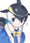  1girl ? absurdres animal_ears black_hair blonde_hair blowhole blue_eyes blue_hair blush bow breasts cetacean_tail clueless commentary common_dolphin_(kemono_friends) dolphin_girl dorsal_fin downblouse dress fins fish_tail frilled_dress frills from_above grey_hair highres kemono_friends kemono_friends_3 masuyama_ryou multicolored_hair no_bra sailor_collar shirt short_hair sleeveless small_breasts smile solo tail white_hair 