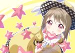  1girl bangs blush brown_hair commentary_request dress eyebrows_visible_through_hair gloves hair_between_eyes hat heart looking_at_viewer love_live! love_live!_nijigasaki_high_school_idol_club nakasu_kasumi open_mouth polka_dot polka_dot_dress polka_dot_headwear poppin&#039;_up_(love_live!) red_eyes short_hair short_sleeves solo star_(symbol) toma_(shinozaki) white_gloves yellow_background yellow_dress 