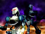  combot_(tekken) game_cg glowing glowing_eyes joints kawano_takuji mechanical_arms mechanical_legs official_art orange_background pincers purple_background purple_eyes red_eyes robot robot_joints tekken tekken_4 two-tone_background 