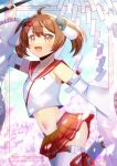  1girl :d ahoge animal_ears arm_up blue_sky brown_eyes brown_hair buster_doll_gunner character_request check_character cloud commentary_request commission day detached_sleeves fake_animal_ears frilled_sleeves frills gohei holding holding_stick kou_hiyoyo long_sleeves megami_device miniskirt navel pleated_skirt rabbit_ears red_sailor_collar red_skirt sailor_collar shirt skeb_commission skirt sky smile solo stick thighhighs twintails white_shirt white_sleeves white_thighhighs wide_sleeves 