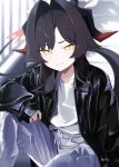  1girl absurdres alternate_costume black_hair black_horns black_jacket black_nails blue_archive blurry blurry_background blush closed_mouth commentary grey_pants hair_intakes halo highres horns jacket jewelry kasumi_(blue_archive) leather leather_jacket long_hair looking_at_viewer pants railing red_horns ring rotroto shirt sidelocks sleeves_past_wrists solo tail white_shirt yellow_eyes 