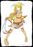  1girl 2000s_(style) armor armored_boots armored_skirt bad_id black_border blonde_hair blue_eyes boots border breastplate chainmail copyright_name feathered_wings full_body gauntlets head_wings holding holding_sword holding_weapon knight_(ragnarok_online) looking_afar lowres open_mouth pauldrons ragnarok_online short_hair shoulder_armor simple_background slashing solo standing sword tachibana_sakuya_(matsurika) weapon white_background white_wings wings 