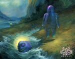 2025 acrylic_painting_(artwork) ambiguous_gender anthro artist_logo artist_name biped black_clothing black_footwear black_shoes blue_clothing blue_swimming_trunks blue_swimwear bubble_buddy buried buried_in_sand clothed clothed_anthro clothing detailed_background eyes_closed fin fish footwear gills group imminent_death living_bubble logo male_(lore) marine nickelodeon painting_(artwork) running sand scooter_(spongebob) sea_sponge spongebob_squarepants spongebob_squarepants_(character) swimming_trunks swimwear text traditional_painting_(artwork) translucent translucent_body trio wafalo water what yellow_body