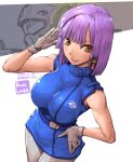  1girl aeug alternate_hair_length alternate_hairstyle amania_orz artist_name assault_visor belt breasts brown_eyes character_name closed_mouth commentary_request dated earrings gloves gundam gundam_zz hand_on_own_hip jewelry large_breasts looking_at_viewer mecha military_uniform mobile_suit nemo_(mobile_suit) pantyhose purple_hair robot roux_louka salute science_fiction short_hair skirt smile solo star_(symbol) star_earrings twitter_username white_gloves white_pantyhose 