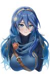  1girl absurdres alternate_breast_size blue_cape blue_eyes blue_hair blush brand_of_the_exalt breasts cape closed_mouth fire_emblem fire_emblem_awakening flower hair_between_eyes hair_flower hair_ornament highres long_hair looking_at_viewer lucina_(fire_emblem) simple_background smile solo tiara tngtaku upper_body white_background 
