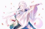  1boy beard commentary facial_hair falling_petals green_pants hakama hakama_pants highres holding holding_sword holding_weapon japanese_clothes kataginu katana kimono konpaku_youki konpaku_youki_(ghost) long_hair long_sleeves looking_at_viewer male_focus mustache old old_man pants petals ponytail rhea_(156latte) scabbard scar scar_across_eye scar_on_face sheath simple_background solo sword touhou upper_body very_long_hair weapon white_background white_hair white_kimono 