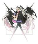  1girl black_boots black_hands black_panties boots breasts candy cleavage colored_extremities commentary demon_girl demon_horns demon_wings fate/grand_order fate_(series) food from_side gradient_hair green_eyes grey_hair holding holding_candy holding_food holding_lollipop horns kabutomushi_s lilith_(fate) lilith_(second_ascension)_(fate) lollipop long_hair looking_at_viewer medium_breasts multicolored_hair panties pink_hair pointy_ears pubic_tattoo scissors solo stomach_tattoo symbol-only_commentary tattoo thigh_boots twintails underwear very_long_hair watermark wings 